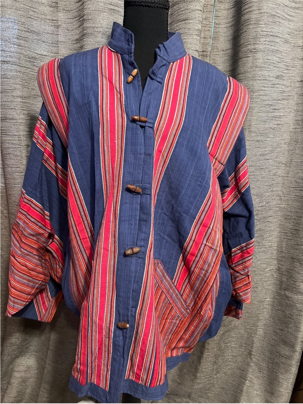 Blue & Red Striped Men's Mandarin Collar Jacket